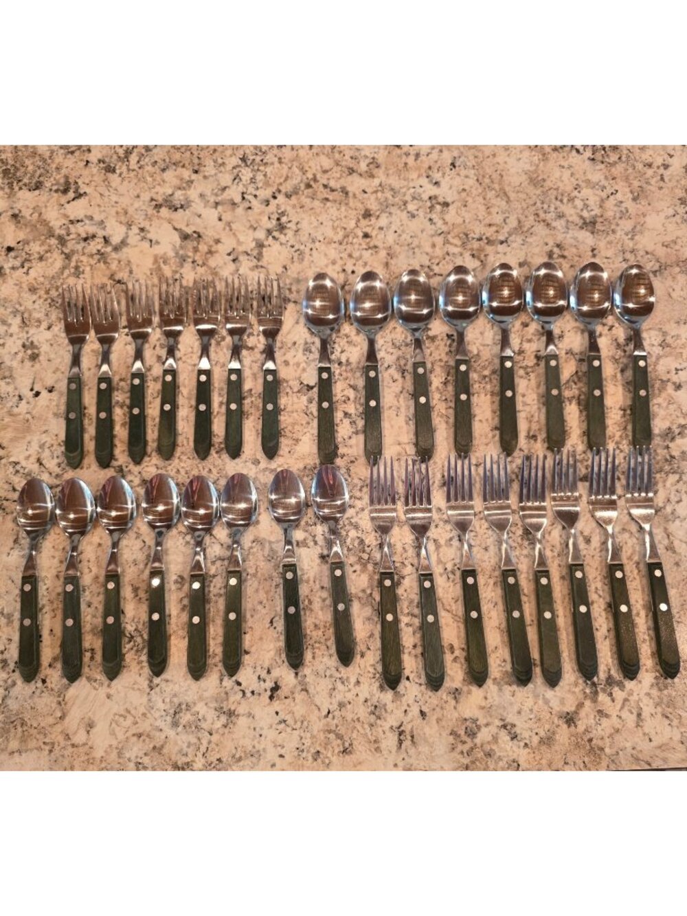 Town & Country  Wood Handle Stainless Flatware 31 Pc Fork Spoon Set Lot
